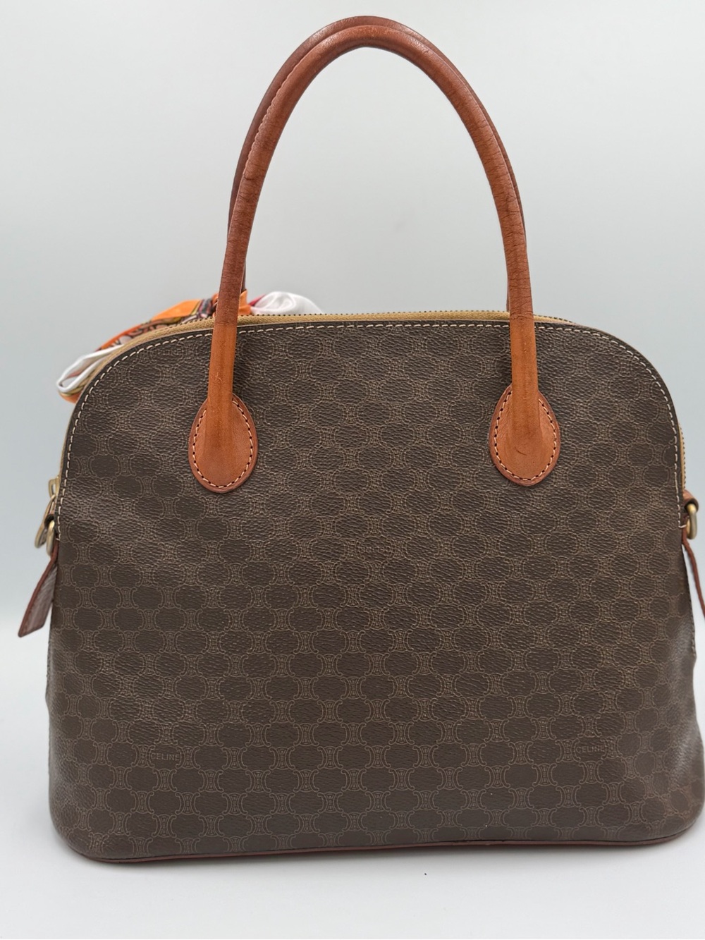 Celine Brown Leather-Trim Satchel with Orange Scarf Accent (pre-owned) - Picture 3 of 10